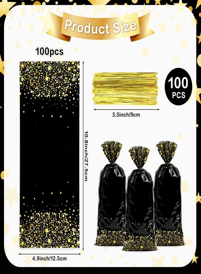 Linsuminn Black Gold Party Favor Bags, 100 PCS Black Gold Treat Bags, Plastic Star Dot Candy Cookie Goodie Gift Bag Holiday Snack Treat Bag with Gold Twist Tie for New Year Birthday Wedding Party Favor Supplies - Image 3